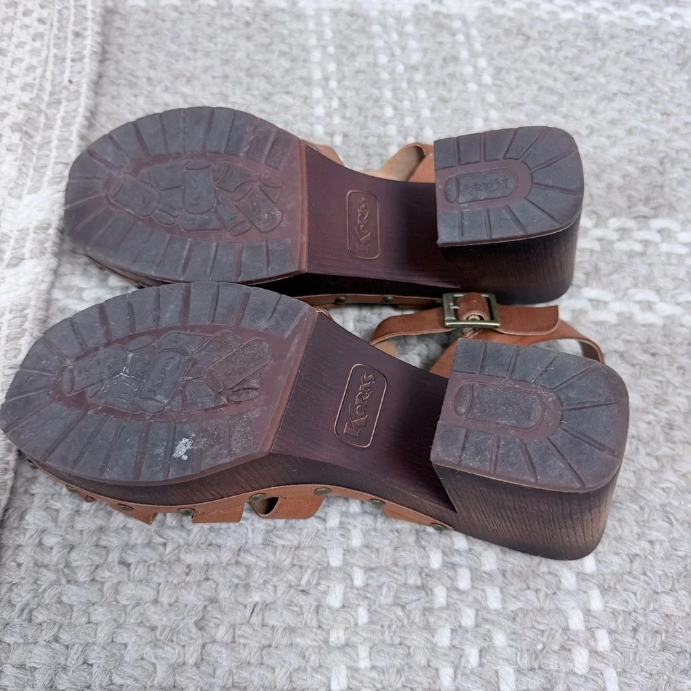 Korks Brown Gladiator Platform Sandals Wood Block Heel Studded Strappy Clogs 10